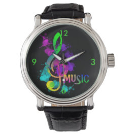 Bright Rainbow Treble Clef Music Paint Splatter Armbandsur