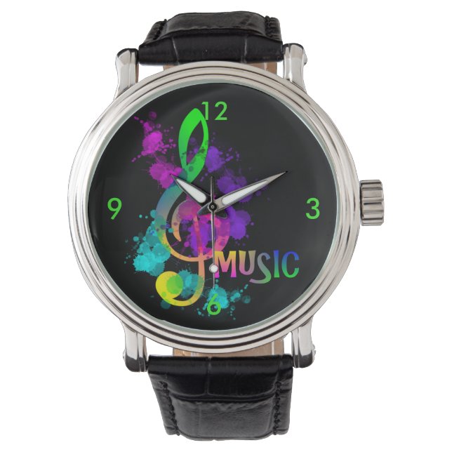 Bright Rainbow Treble Clef Music Paint Splatter Armbandsur (Framsida)
