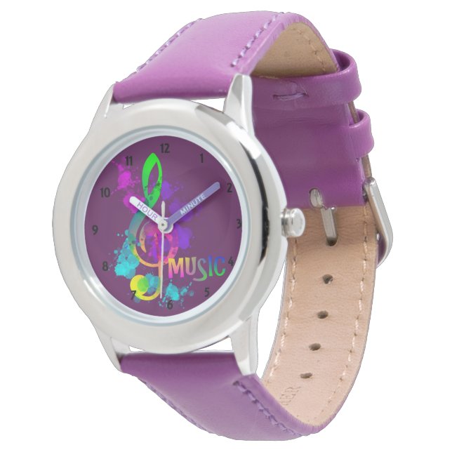 Bright Rainbow Treble Clef Music Paint Splatter Armbandsur (Vinklad)