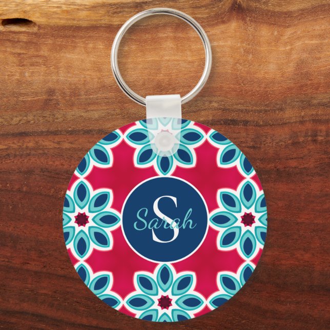 Bright Red and Blue Modern Geometric Personalised Nyckelring (Framsida)