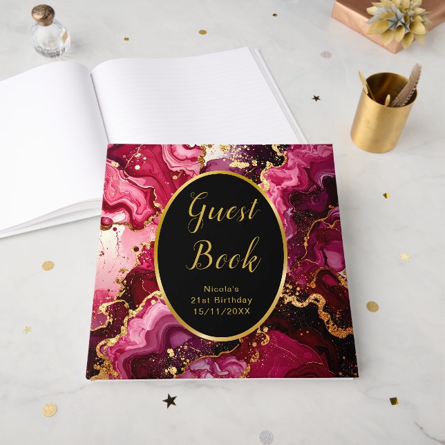 Bright Red and Gold Marble Agate Birthday Party Gästböcker (Framsidan öppen)