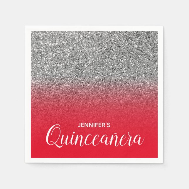 Bright Red and Silver Glitter Ombre Quinceanera Pappersservett (Framsidan)