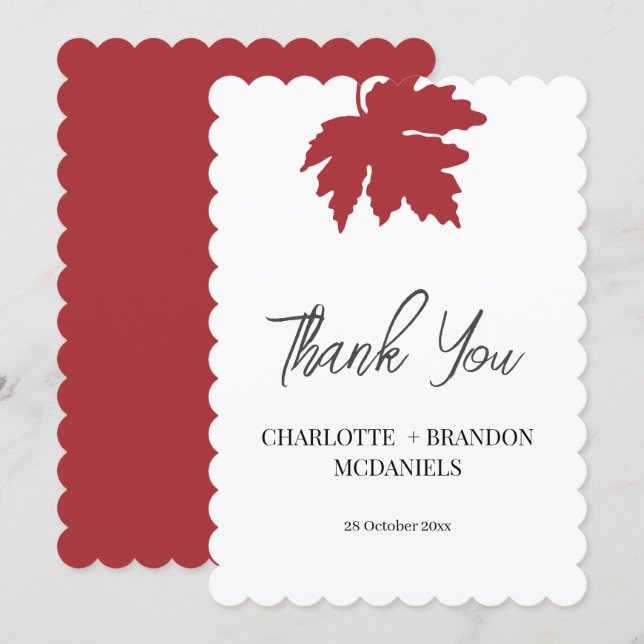 Bright Red Autumn Maple Leaf Wedding Thank You  Tack Kort (Fram/baksida)
