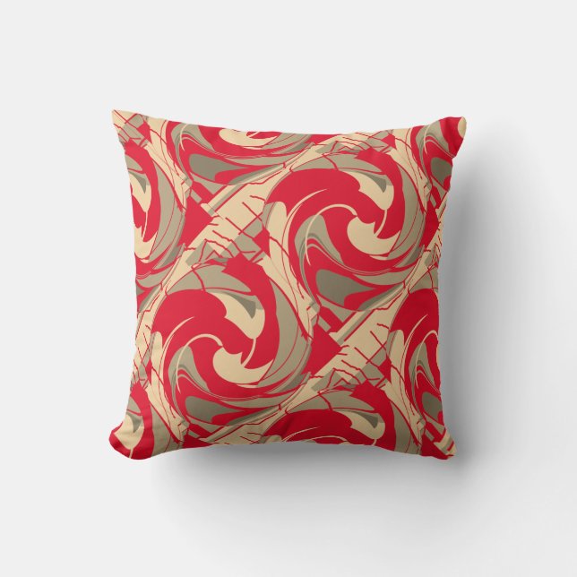 Bright Red Beige Taupe Diagonal Swirling Art Print Kudde (Framsida)