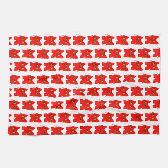 Bright Red Cat - Wide Eyed  med en Twist Kökshandduk (Horisontell)