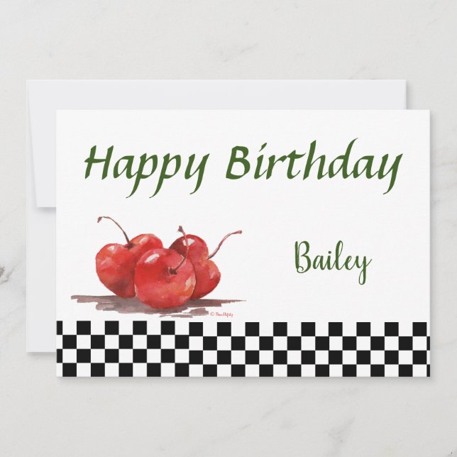 Bright Red Cherries på en kontrollerad bordseloth Julkort (Framsida)