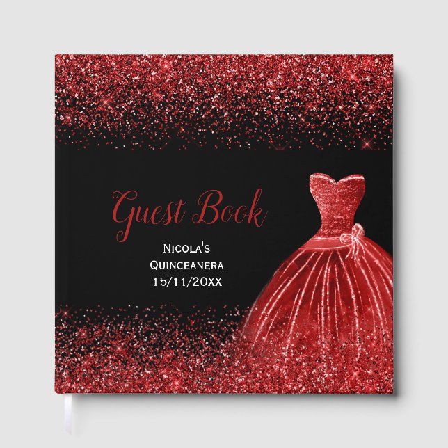 Bright Red Dress Faux Glitter Quinceanera Gästböcker (Framsida)