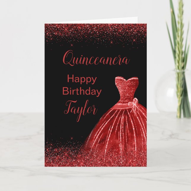 Bright Red Dress Faux Glitter Quinceanera Kort (Framsida)