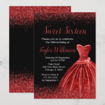 Bright Red Dress Faux Glitter Sweet 16 Birthday