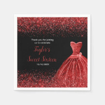 Bright Red Dress Faux Glitter Sweet 16 Birthday