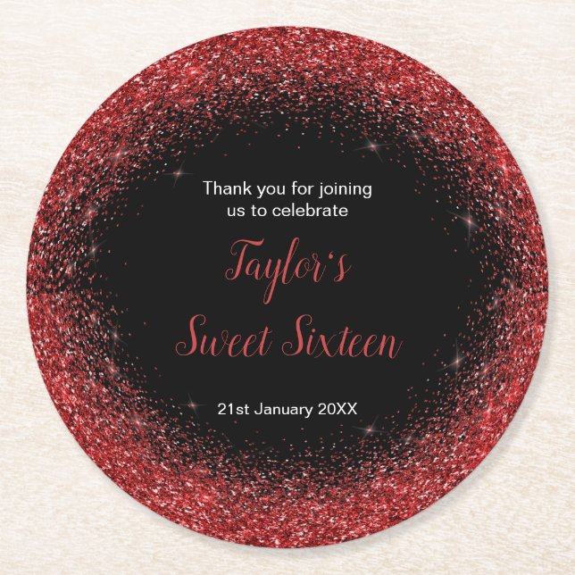 Bright Red Dress Faux Glitter Sweet 16 Birthday Underlägg Papper Rund (Framsidan)