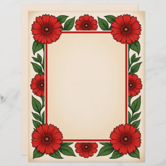 Bright Red Flowers & Frame Stationery Paper Brevhuvud