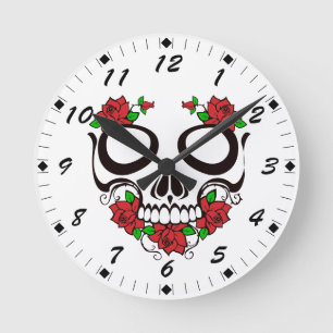 Bright Red Flowers Grönt Löv Sugar Skull Rund Klocka