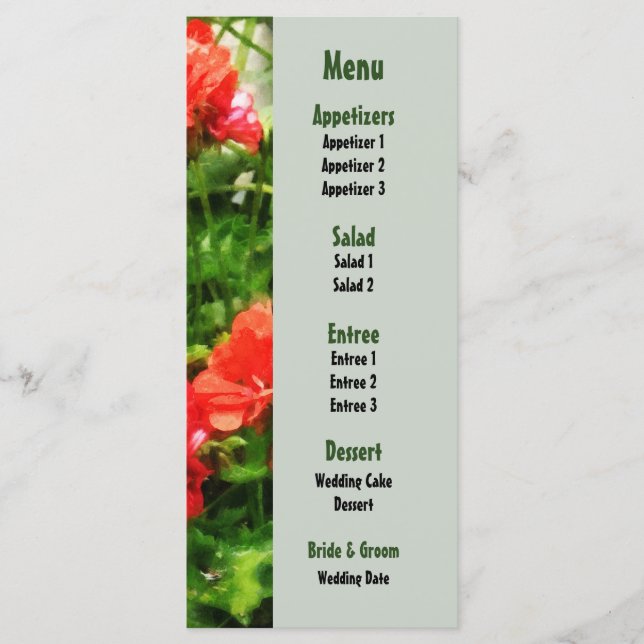 Bright Red Geraniums Bröllop Menu Meny (Framsida)
