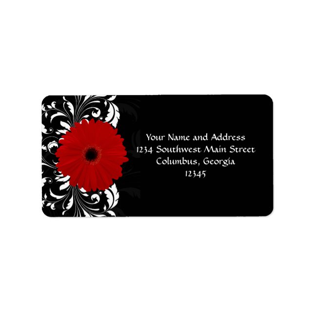 Bright Red Gerbera Daisy on Black Adressetikett (Framsidan)