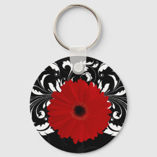 Bright Red Gerbera Daisy on Black Nyckelring