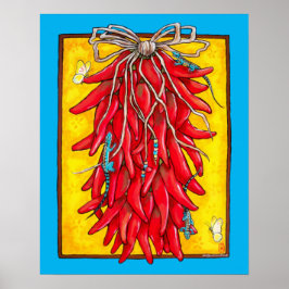 Bright Red Gult Chili Chile Pepper Ristra Lizard Poster