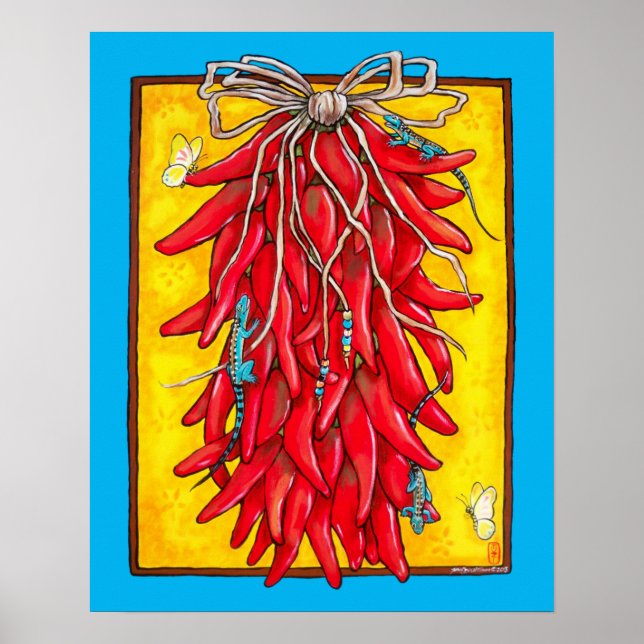 Bright Red Gult Chili Chile Pepper Ristra Lizard Poster (Framsidan)