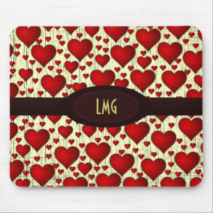 Bright Red Hearts Mönster med Burgundy-namnskylt Musmatta