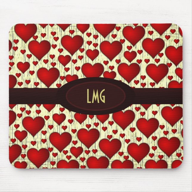 Bright Red Hearts Mönster med Burgundy-namnskylt Musmatta (Framsidan)
