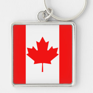 Bright Red Maple Löv Canada Flagga Fyrkantig Silverfärgad Nyckelring