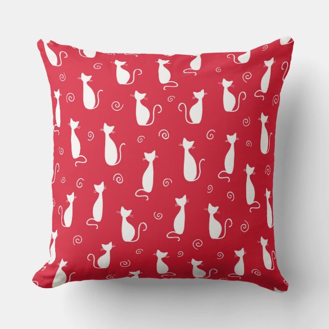 BRIGHT RED MED WHITE CAT SILHOUETTES KUDDE (Framsida)