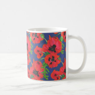 Bright Red Oriental Poppies Mönster på Blue Kaffemugg