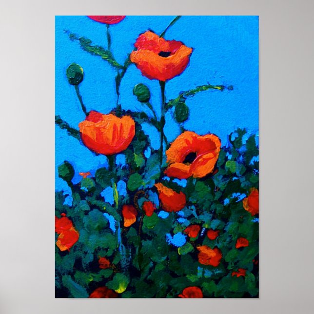 Bright Red Poppies: Blå himmel: Oljemålning Poster (Framsidan)