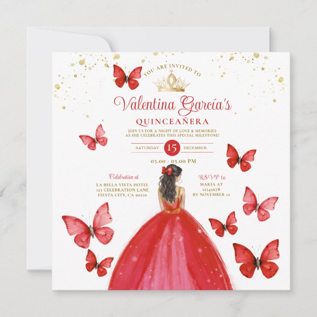Bright Red Quinceañera 15 Anos Butterfly Guld Inbjudningar (Framsida)
