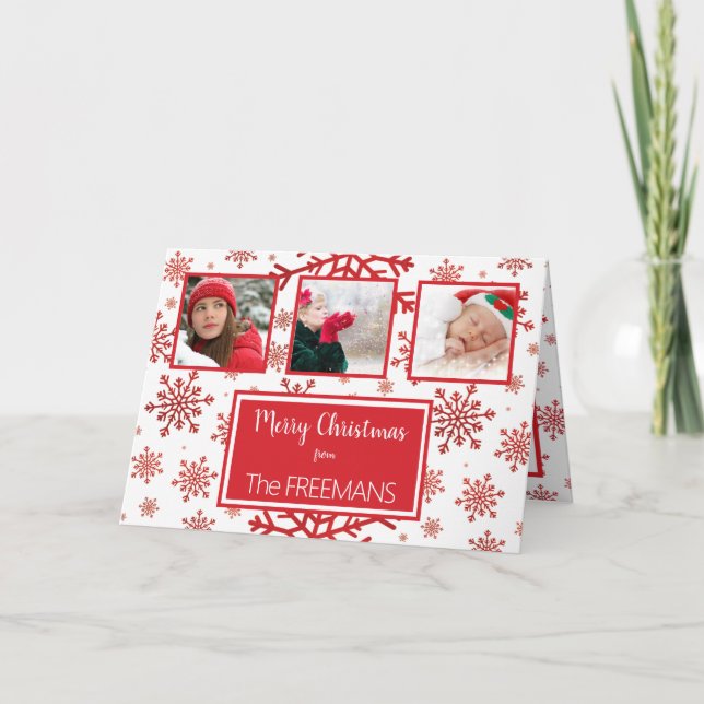 Bright Red Snowflake 3 Photo Collage Personalize Helgkort (Framsida)
