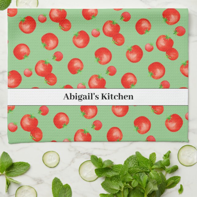 Bright Red Tomato Mönster Mediterranean Inspired Kökshandduk (Vikta)