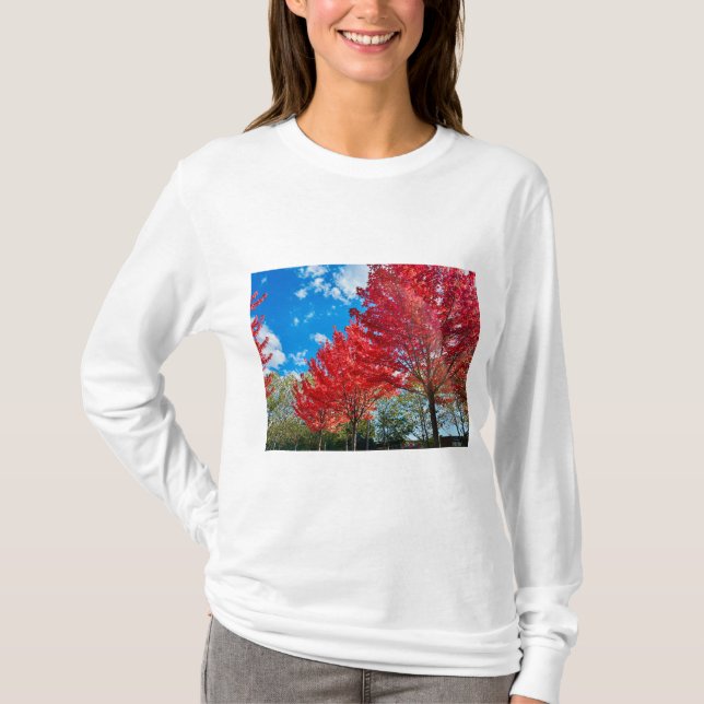 Bright Red Träd Lämnar på hösten T Shirt (Framsida)