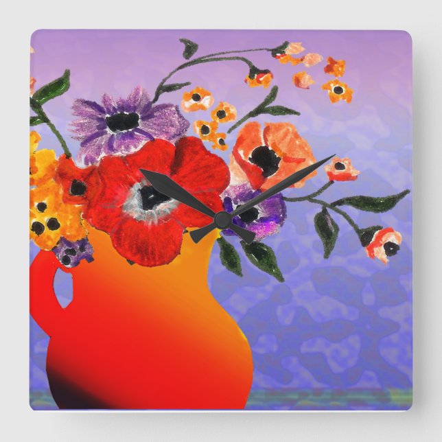 Bright Red Vas i Flowers Fyrkantig Klocka (Framsida)