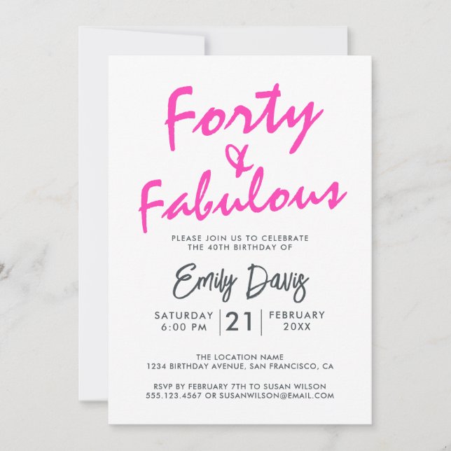 Bright Rosa 40 Fabulous | 40:e födelsedagen Party Inbjudningar (Framsida)