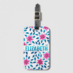Bright Rosa Blåa blommor Löv Acrylic Monogram Bagagebricka