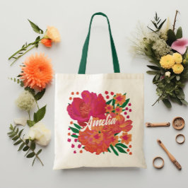 Bright Rosa Blommigt Bridesmaid Monogram Namn Tygkasse