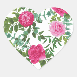 Bright Rosa Blommigt Bröllop Hjärtformat Klistermärke