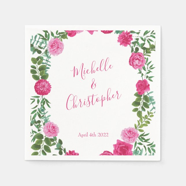 Bright Rosa Blommigt Bröllop Pappersservett (Framsidan)