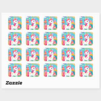 Bright Rosa Cute Unicorn Fyrkantigt Klistermärke