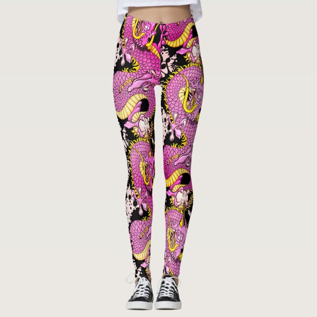 Bright Rosa Dragon Tattoo Punk Sten Leggings (Framsida)