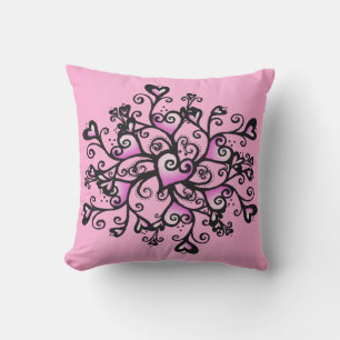 Bright Rosa Finare Hearts in Cluster Black Scrolls Kudde