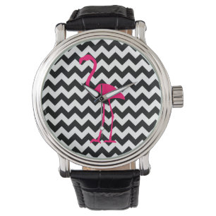 Bright Rosa Flamingo Black and White Zigzag Armbandsur
