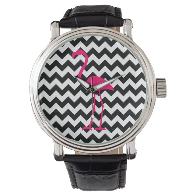 Bright Rosa Flamingo Black and White Zigzag Armbandsur (Framsida)
