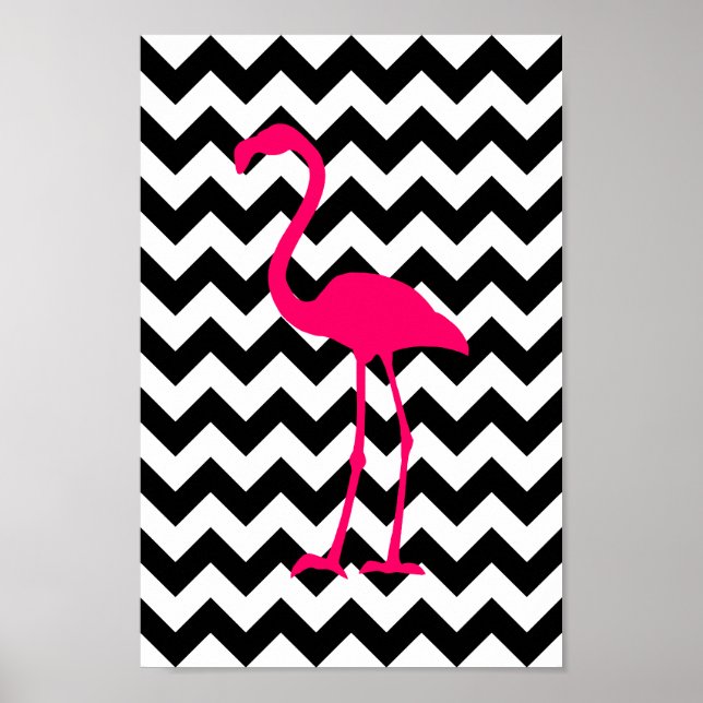Bright Rosa Flamingo Black and White Zigzag Poster (Framsidan)
