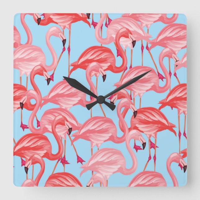 Bright Rosa Flamingos på Blue Fyrkantig Klocka (Framsida)