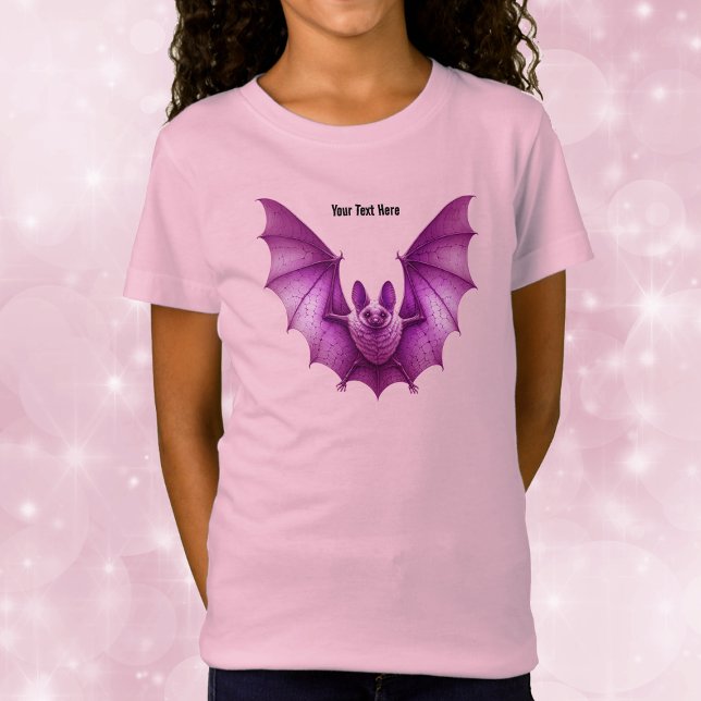 Bright Rosa Flies Halloween Spooky Roligt Fladderm T Shirt (Bright pink fun Halloween flying bat cute face on  kid's tee shirt.)