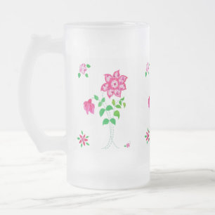 Bright Rosa Flower Motif Faux Applique på White Frostat Ölglas