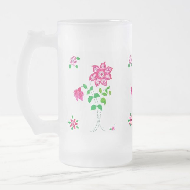 Bright Rosa Flower Motif Faux Applique på White Frostat Ölglas (Vänster)