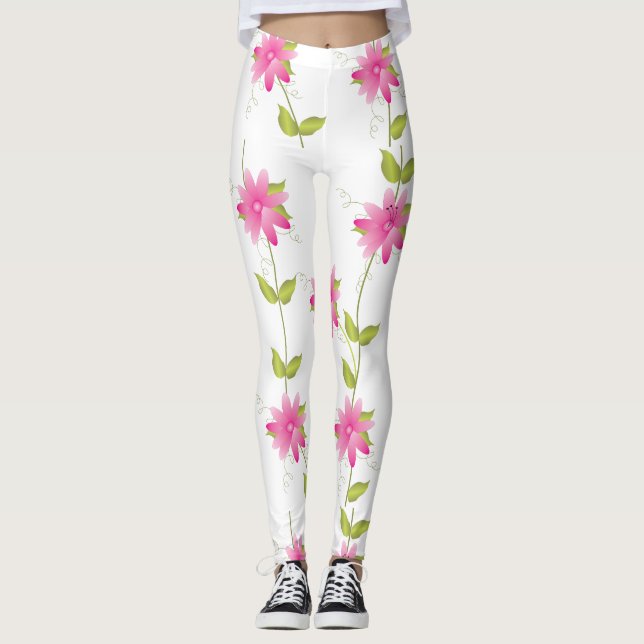 Bright Rosa Flower Patterned Leggings (Framsida)