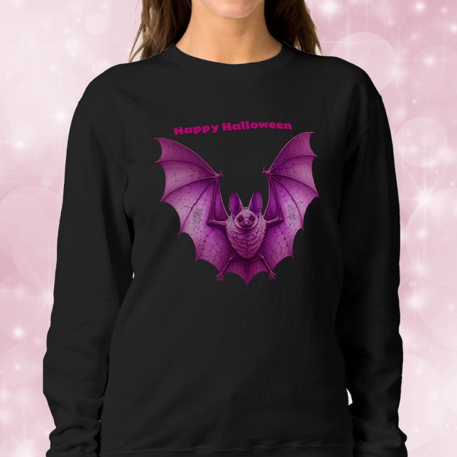 Bright Rosa Gothic Spooky Flies Fladdermus för Hal T Shirt (Vibrant pink spooky Happy Halloween bat wings spread in flight on black sweatshirt.)